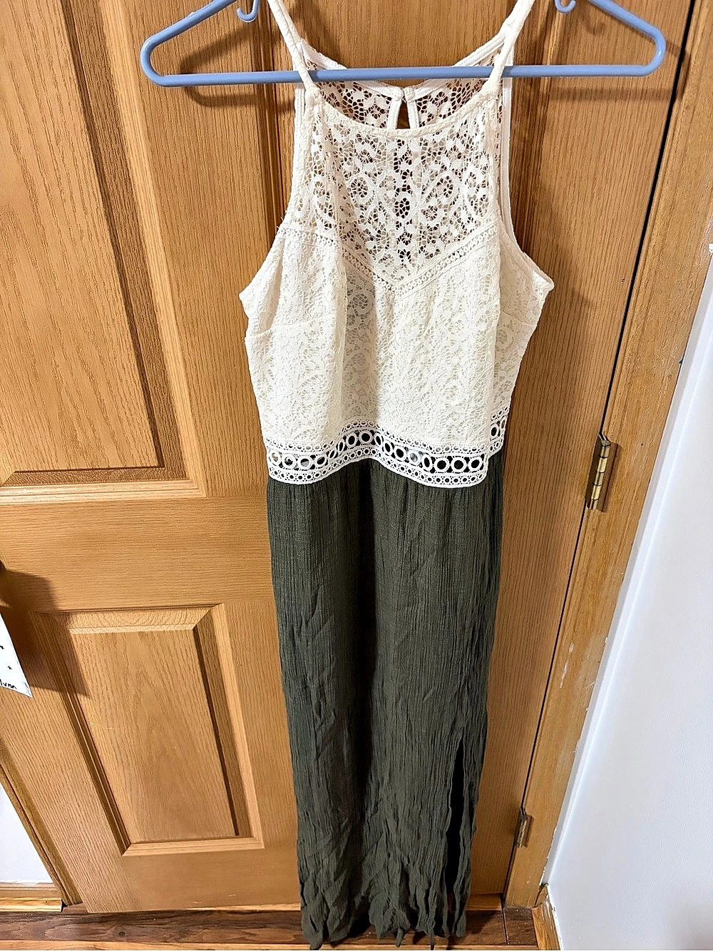IZ BYER Lace Overlay Maxi Dress with Slit in Green & White Size Large